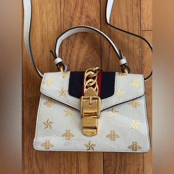 Gucci Sylvie Bee Star Leather Shoulder Bag White Web Stripe Small Project piece - Picture 3 of 16